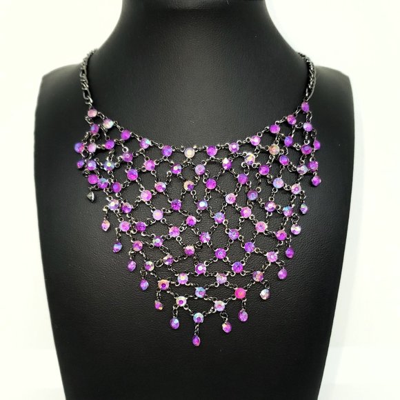 BEAUTIFUL!! Mesh Collar Cascade Purple Rhinestones Gunmetal Reversable Necklace - Picture 2 of 9